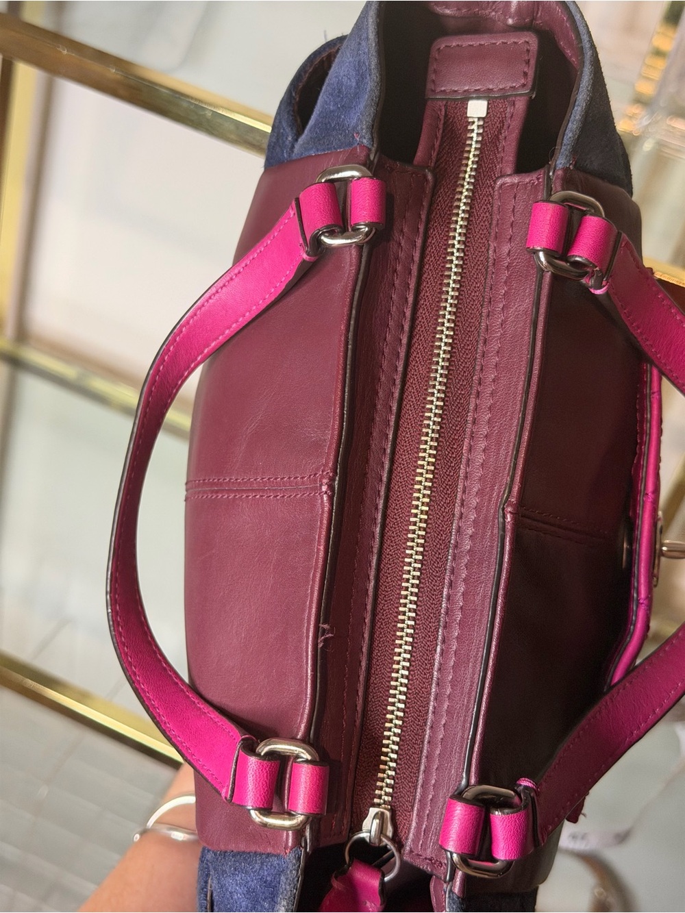 Coach Two-Tone Fuchsia, Burgundy and Navy Leather Shoulder Bag - Picture 14 of 16